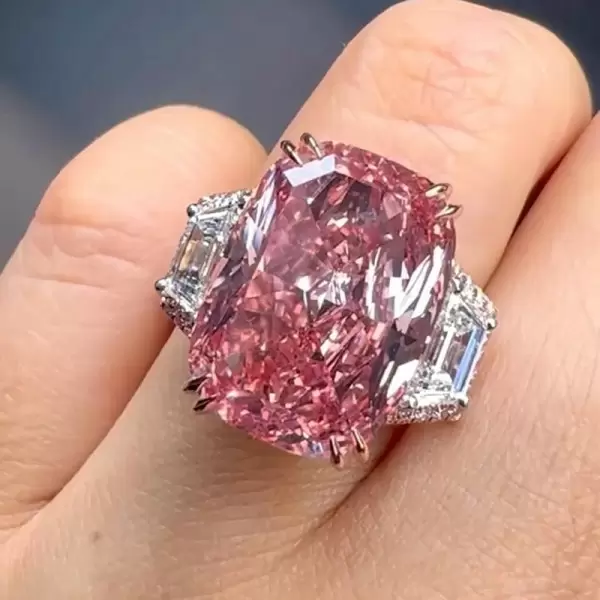 11ct Cushion Cut Pink Sapphire Three Stone Engagement Ring
