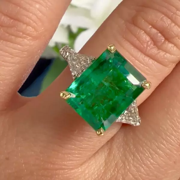 8ct Emerald Cut Emerald Three Stone Engagement Ring