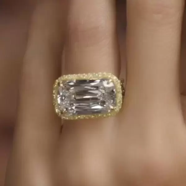 6.5ct East West Halo Emerald Cut White Sapphire Engagement Ring