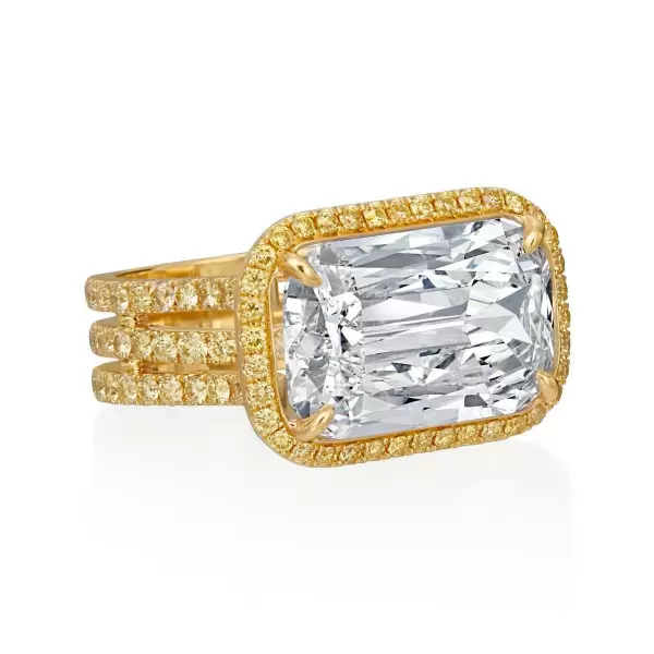 6.5ct East West Halo Emerald Cut White Sapphire Engagement Ring
