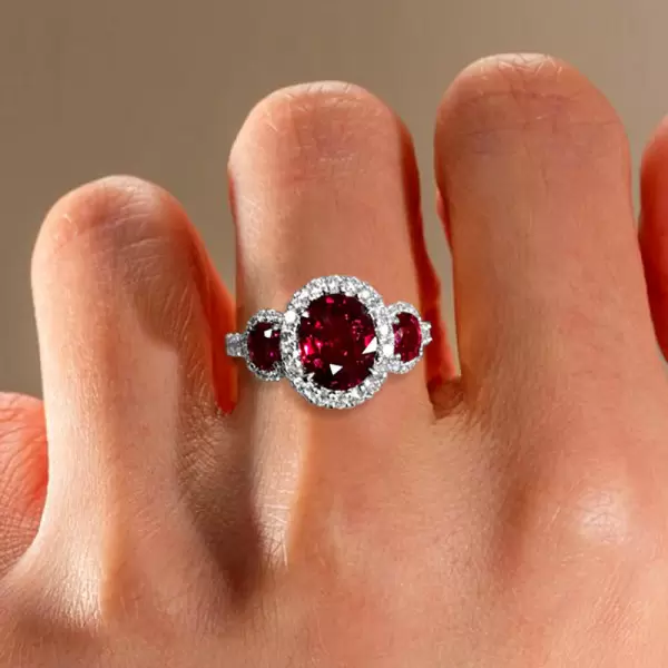 Vintage 3ctw Halo Oval Cut Ruby Three Stone Engagement Ring