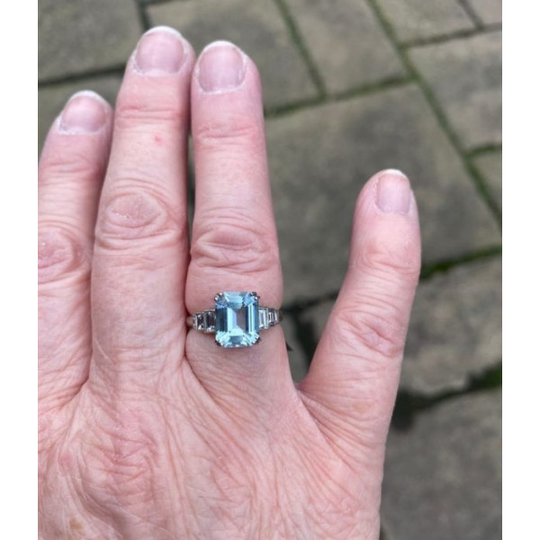 Art Deco 3.8ct Emerald Cut Aquamarine Engagement Ring