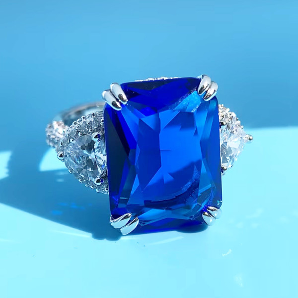 12ct Cushion Cut Blue Sapphire Three Stone Engagement Ring