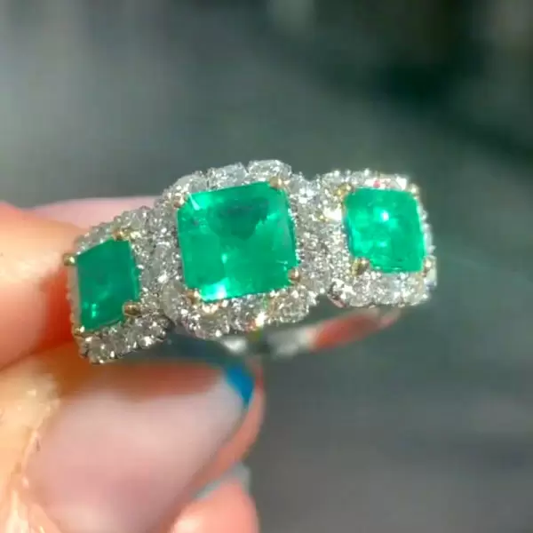 3ct Halo Princess Cut Emerald Three Stone Engagement Ring