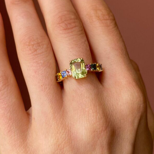 5ct Emerald Cut Light Green Sapphire Rainbow Engagement Ring