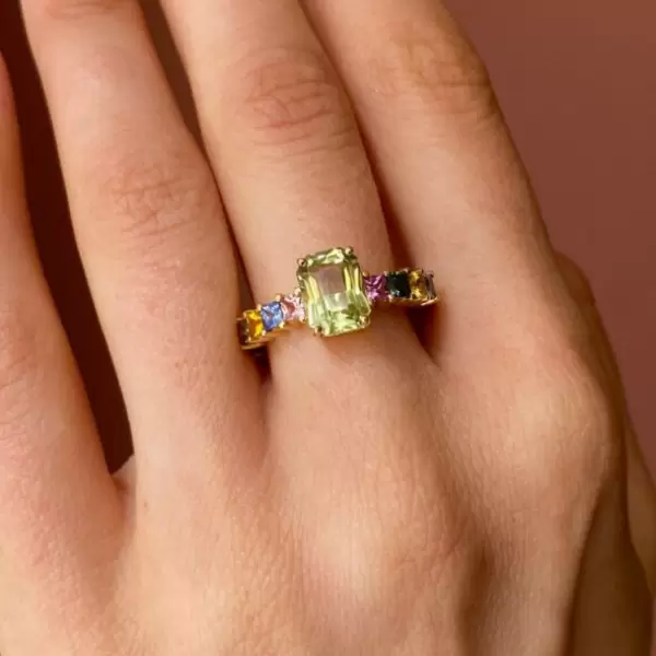 5ct Emerald Cut Light Green Sapphire Rainbow Engagement Ring