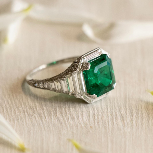 Art Deco 4.6ct Asscher Cut Emerald Engagement Ring