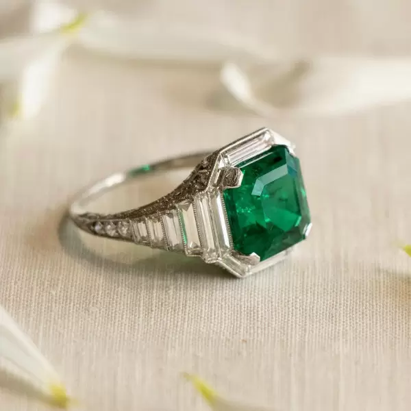 Art Deco 4.6ct Asscher Cut Emerald Engagement Ring