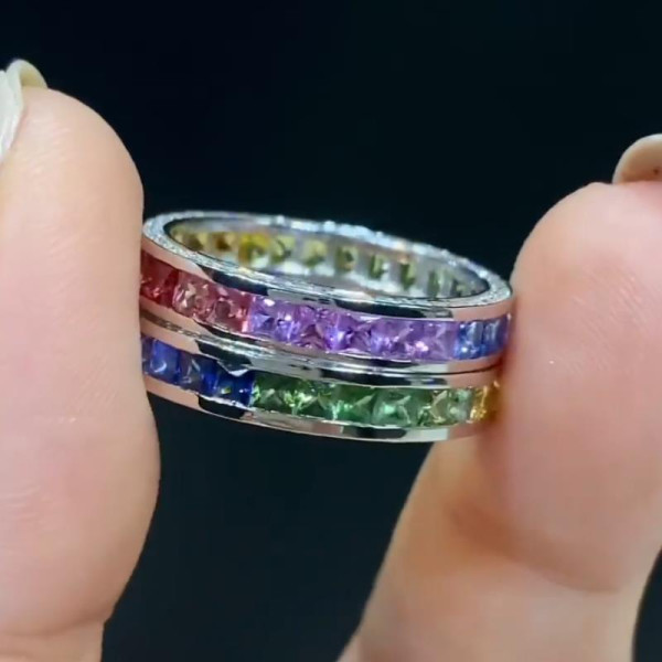 9CTW Princess Cut Rainbow Sapphire Eternity Ring
