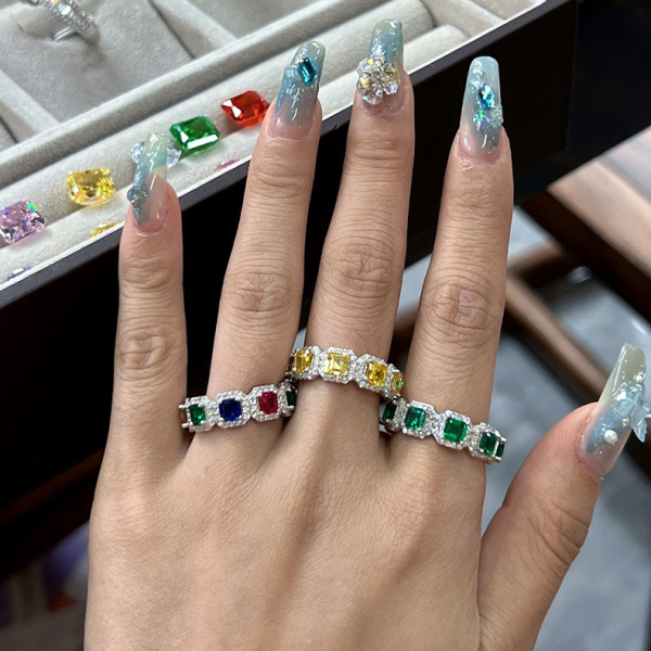 Asscher Cut MultiColor Sapphire Eternity Ring