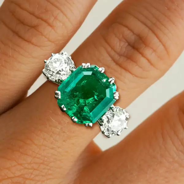 12ct Asscher Cut Emerald Three Stone Engagement Ring