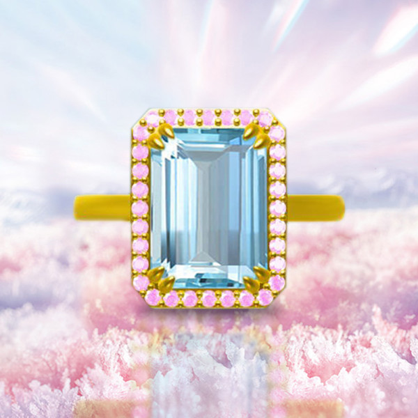 8.4ct Emerald Cut Aquamarine Pink Halo Cocktail Ring