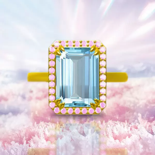 8.4ct Emerald Cut Aquamarine Pink Halo Cocktail Ring