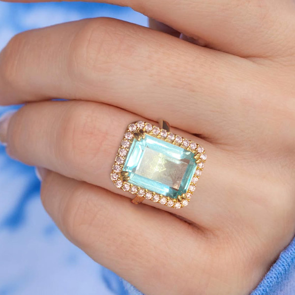 8.4ct Emerald Cut Aquamarine Pink Halo Cocktail Ring