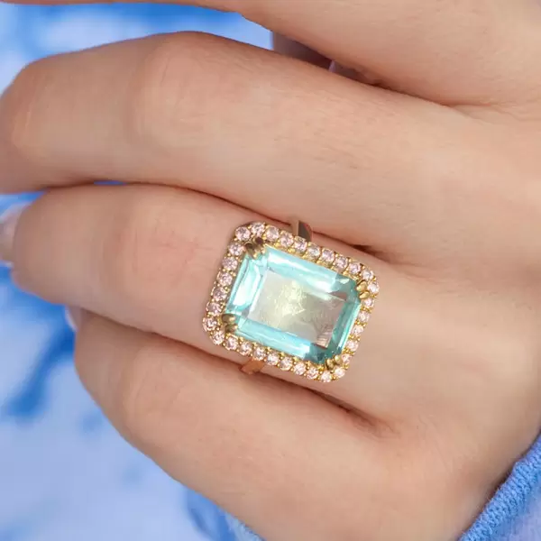 8.4ct Emerald Cut Aquamarine Pink Halo Cocktail Ring