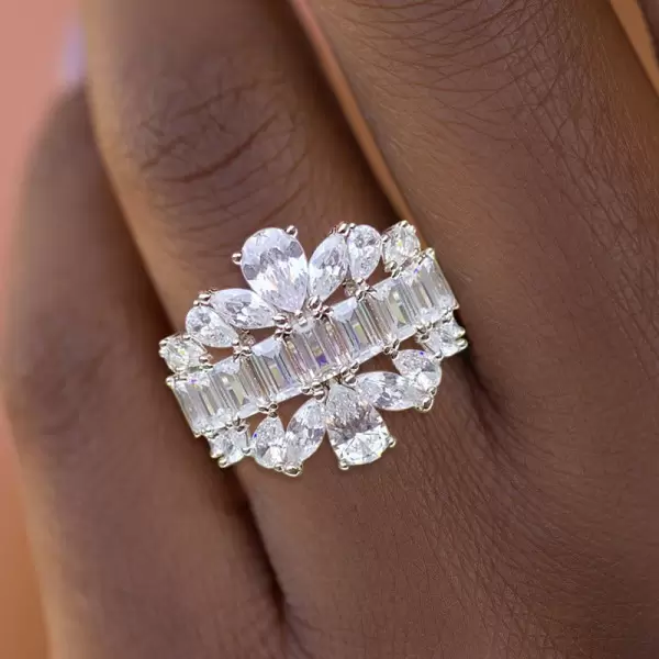 Pear and Baguette Cut White Sapphire Cocktail Ring