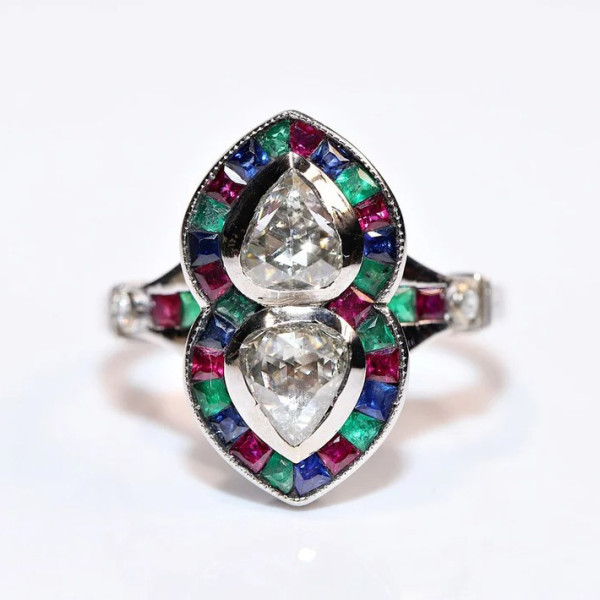 Art Deco Pear Cut Two Stone Engagement Ring