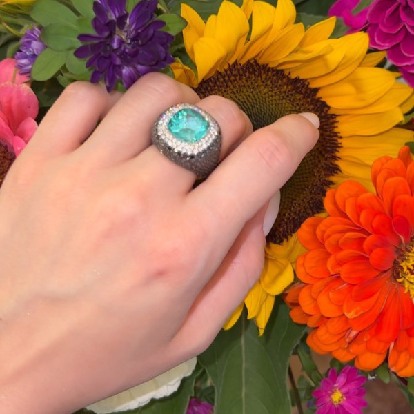 7.4ct Cushion Cut Paraiba Paved Cocktail Ring