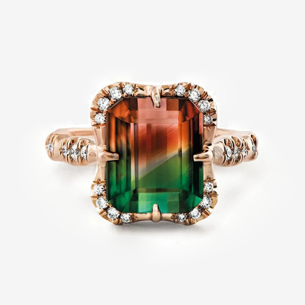 6ct Emerald Cut Bicolor Tourmaline Engagement Ring