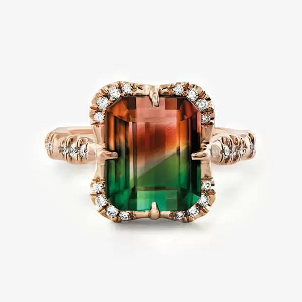 6ct Emerald Cut Bicolor Tourmaline Engagement Ring