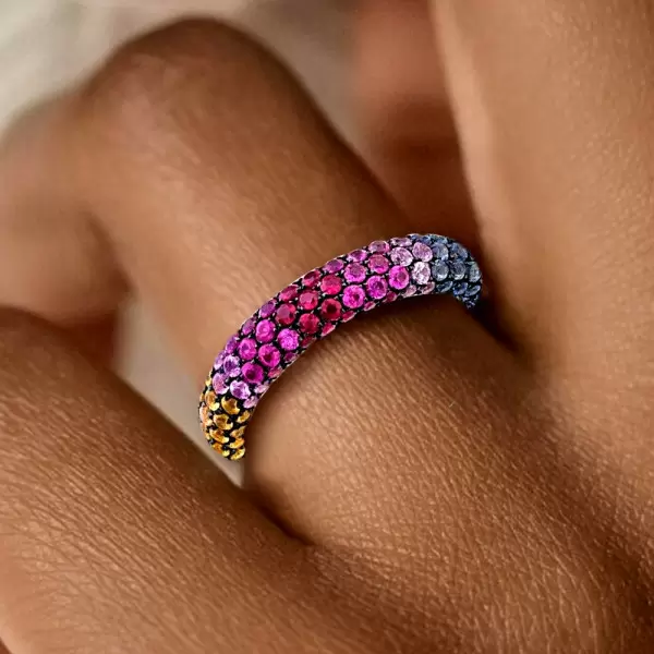 Multicolor Sapphire Inside and Out Paved Eternity Ring