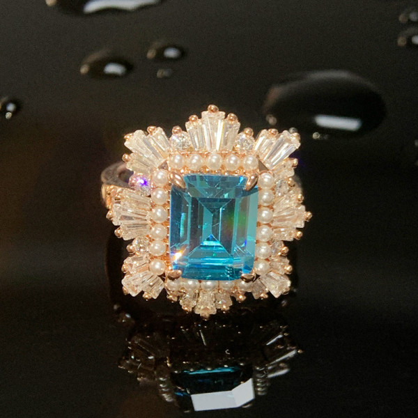 3.8ct Emerald Cut Aquamarine Vintage Halo Ring
