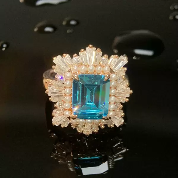 3.8ct Emerald Cut Aquamarine Vintage Halo Ring