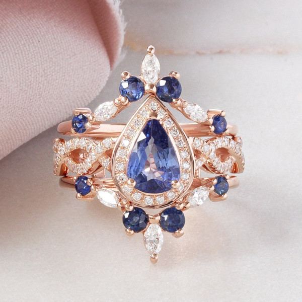 Pear Cut Tanzanite Blue Sapphire Wedding Ring Set
