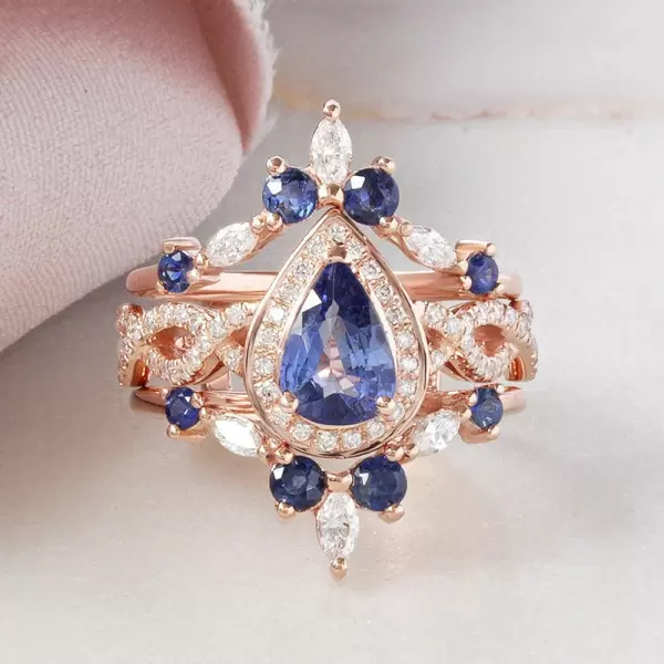 Pear Cut Tanzanite Blue Sapphire Wedding Ring Set