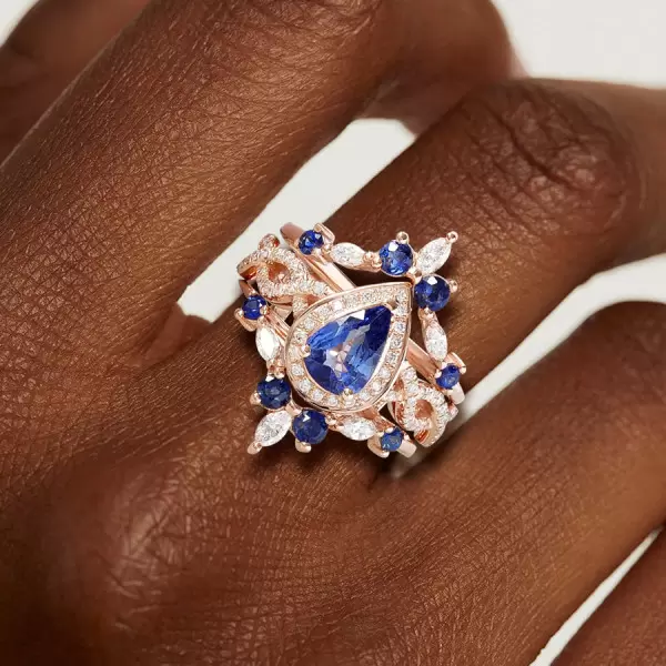 Pear Cut Tanzanite Blue Sapphire Wedding Ring Set