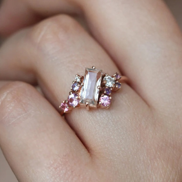 Baguette Cut Light Champagne Tourmaline Dainty Ring