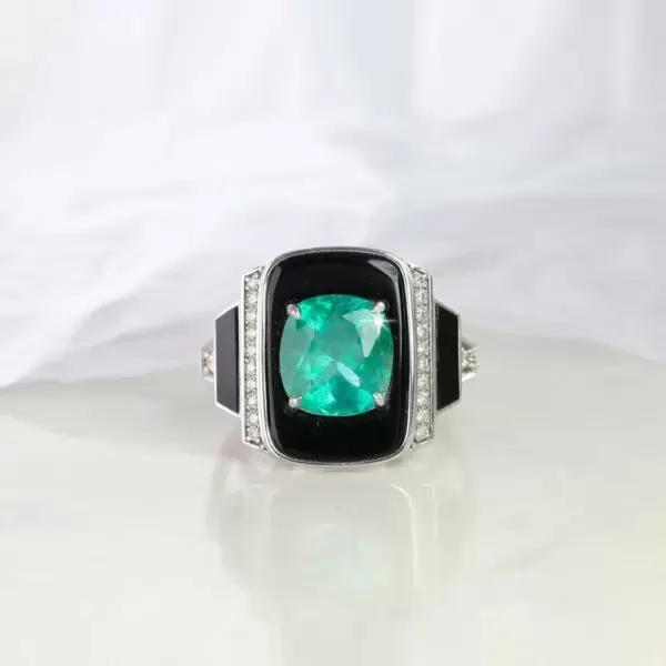 Art-Deco 4.2ct Cushion Cut Emerald Enamel Ring