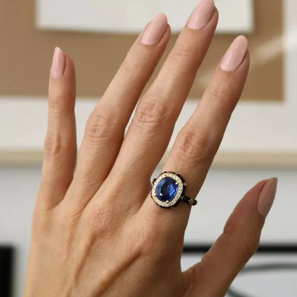 4ct Cushion Cut Sapphire Enamel Art-Deco Engagement Ring