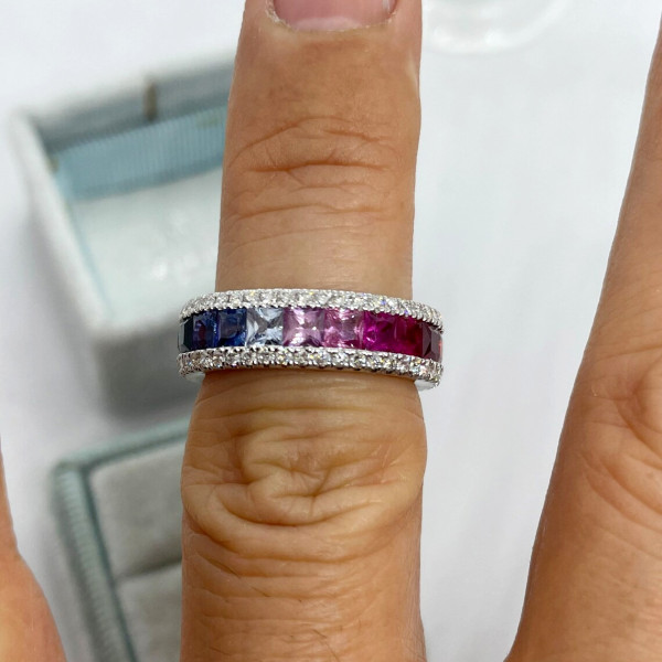5.1ctw Princess Cut Rainbow Sapphire Eternity Ring