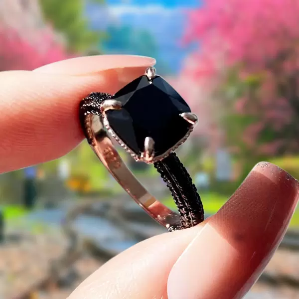3ct Cushion Cut Black Sapphire Engagement Ring SayaBling