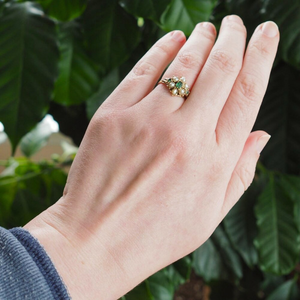 Antique Style Emerald and Pearl Ring