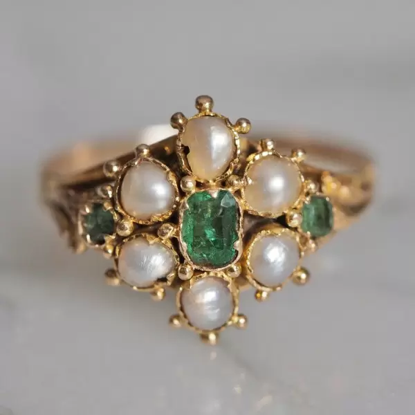 Antique Style Emerald and Pearl Ring