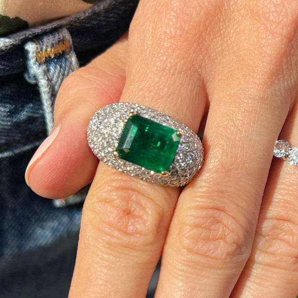 3.8ct Horizontal Emerald Paved Cocktail Ring