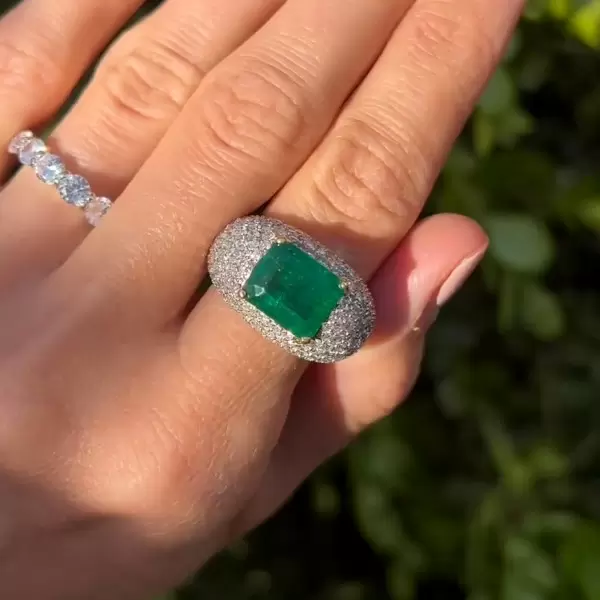 3.8ct Horizontal Emerald Paved Cocktail Ring