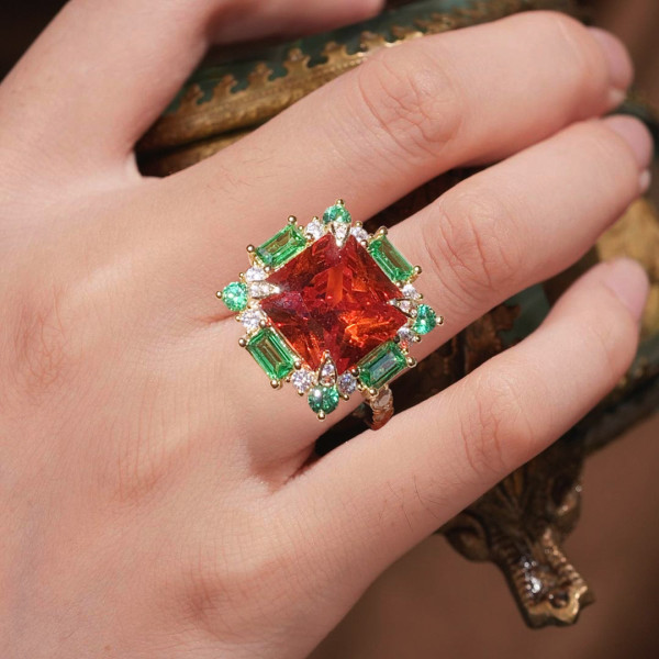 9.5ct Princess Cut Orange Red Sapphire Cocktail Ring