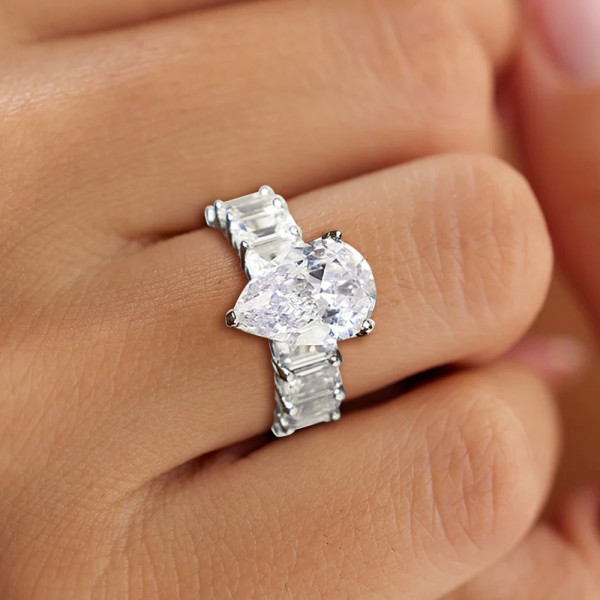 5.4ct Pear Cut White Sapphire Eternity Engagement Ring