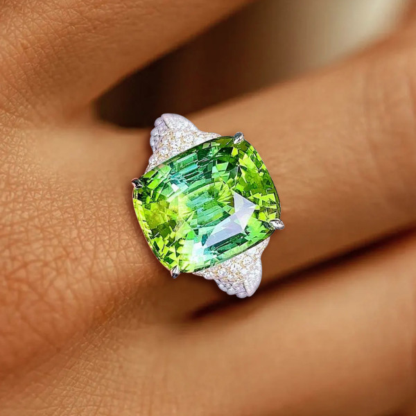 6ct Cushion Cut Green Sapphire Paved Engagement Ring