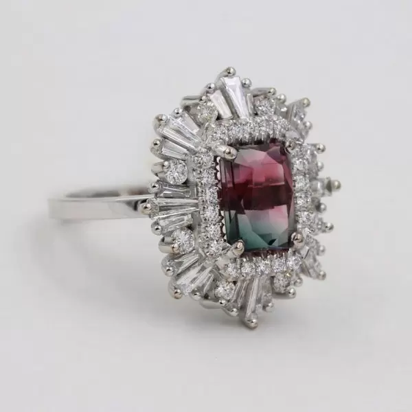 3.7ct Vintage Emerald Cut Watermelon Tourmaline Engagement Ring