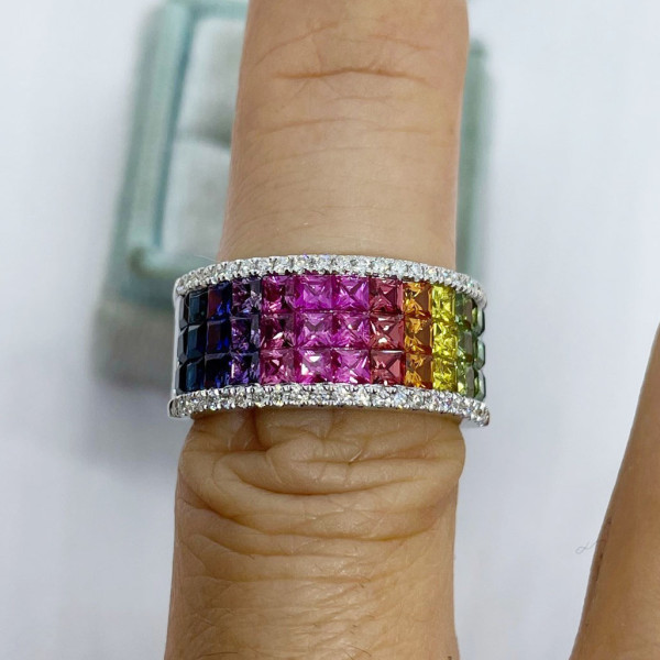 5ctw Princess Cut Three Row Rainbow Wedding Band