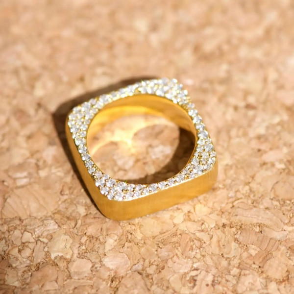 Paved White Sapphire Matte Square Wedding Band