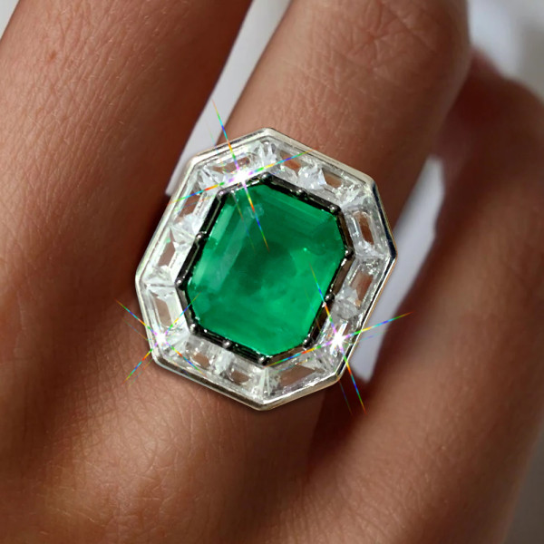6ct Halo Emerald Cut Emerald Engagement Ring