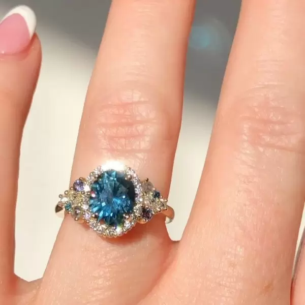 5ct Oval Cut Blue Sapphire Cluster Halo Ring