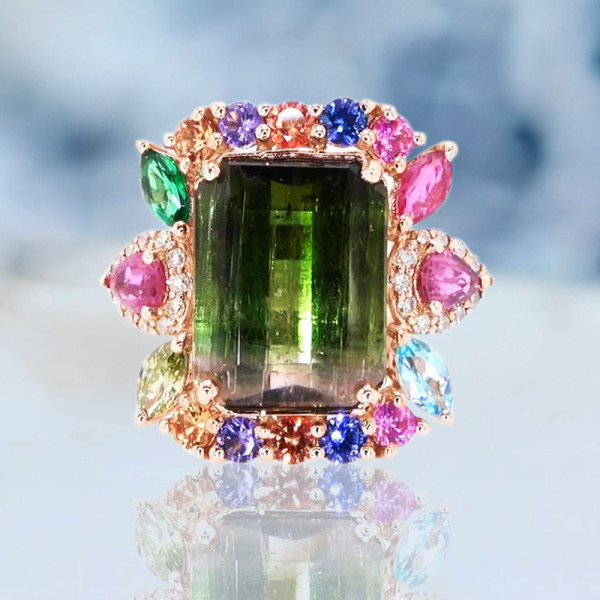 8.4ct Emerald Cut Bicolor Tourmaline Cocktail Ring