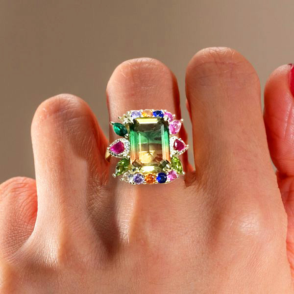 8.4ct Emerald Cut Bicolor Tourmaline Cocktail Ring