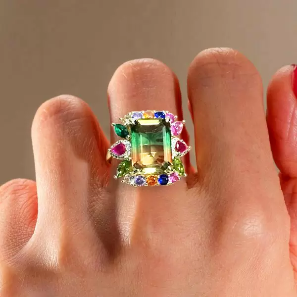 8.4ct Emerald Cut Bicolor Tourmaline Cocktail Ring